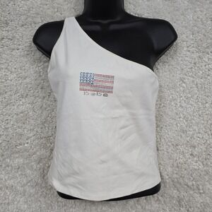 Bebe Top Women Large Off‎ White One Shoulder Flag Rhinestone Y2K Stretch